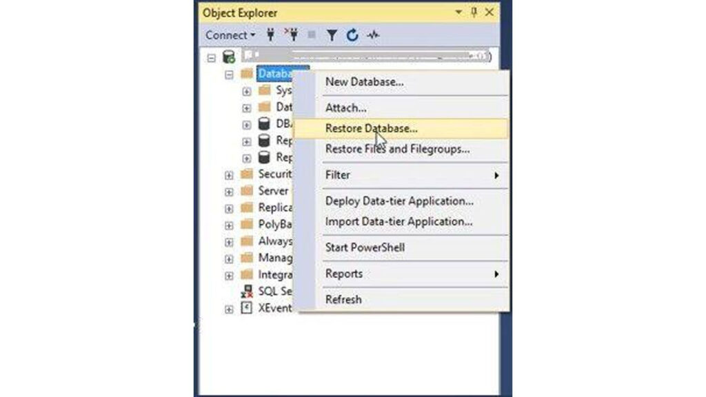 Restoring a corrupt SQL database from a backup file using SQL Server Management Studio
