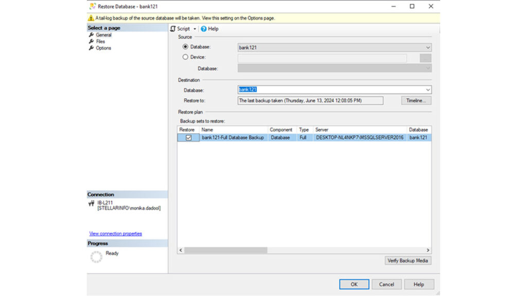 Restore database bank121 in SQL Server Management Studio using backup file