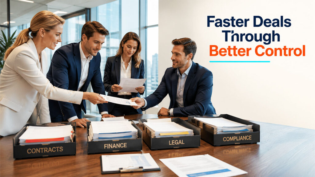 Professionals using a secure virtual data room to build customer trust through secure document management
