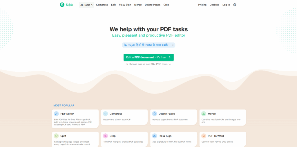 Sejda online PDF tool for organizing PDF pages by merging, splitting, deleting, rotating, cropping, and rearranging documents