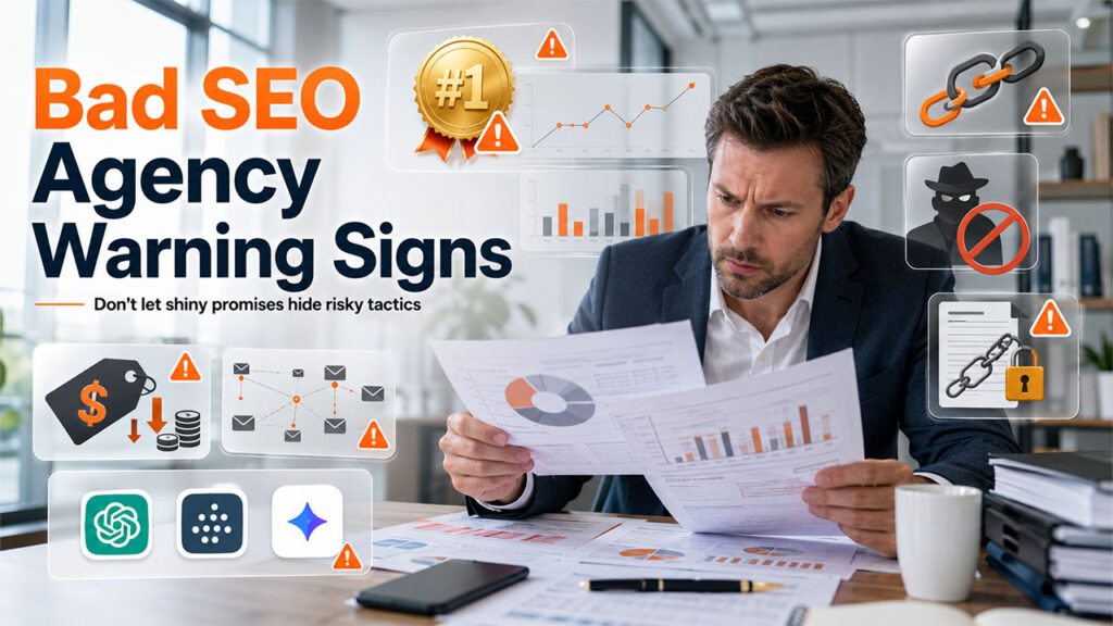 Best SEO Agency red flags to avoid including guaranteed rankings, black hat SEO tactics, vague reporting, and unrealistic pricing