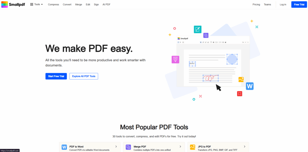 Smallpdf online PDF tool for quick file conversion between PDF, Word, Excel, PowerPoint, and image formats