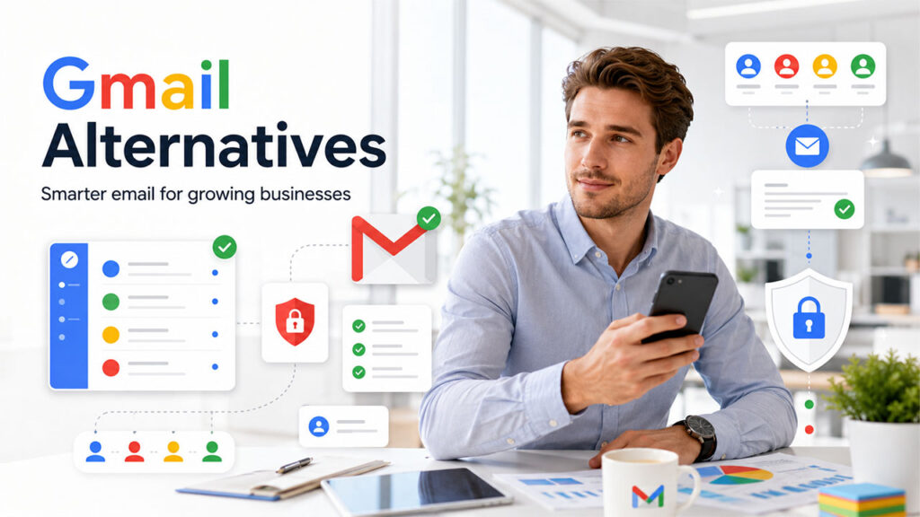 Key features that make a good Gmail alternative for business including custom domain email, security, role-based addresses, and reliable email delivery.