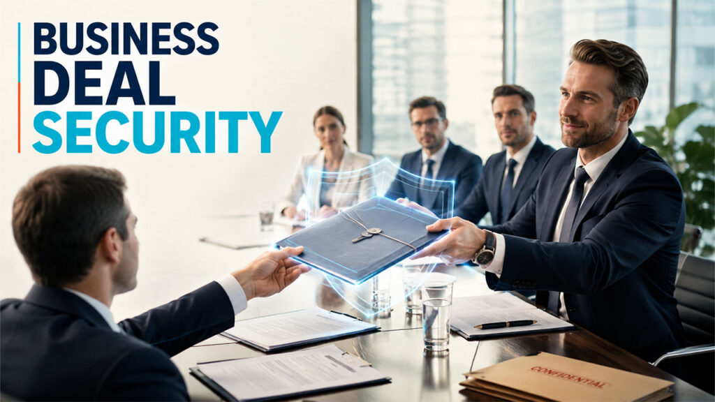 Business professionals reviewing sensitive deal documents and customer data in a secure virtual data room to reduce security risks