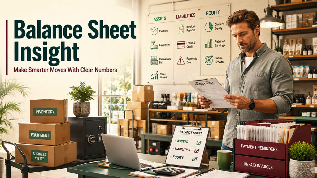 Business owner reviewing a balance sheet to assess company financial health and stability