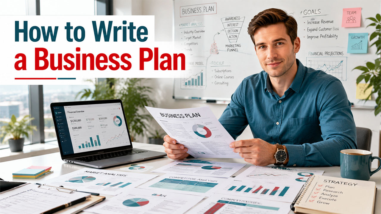 Entrepreneur creating a business plan with financial projections, market research, and growth strategy documents