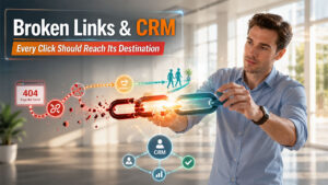 Illustration showing how broken links lead to lost CRM leads, inaccurate attribution data, and reduced website conversions.