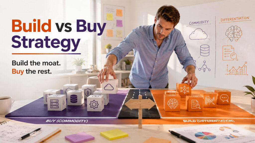 Build versus buy framework for generative AI development services showing which AI capabilities to develop in-house and which to outsource.