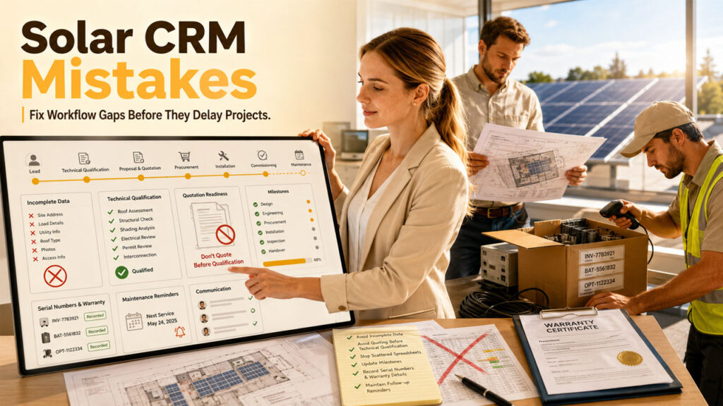 Common CRM mistakes solar installers should avoid, including incomplete customer data, poor project tracking, and missed follow-ups.