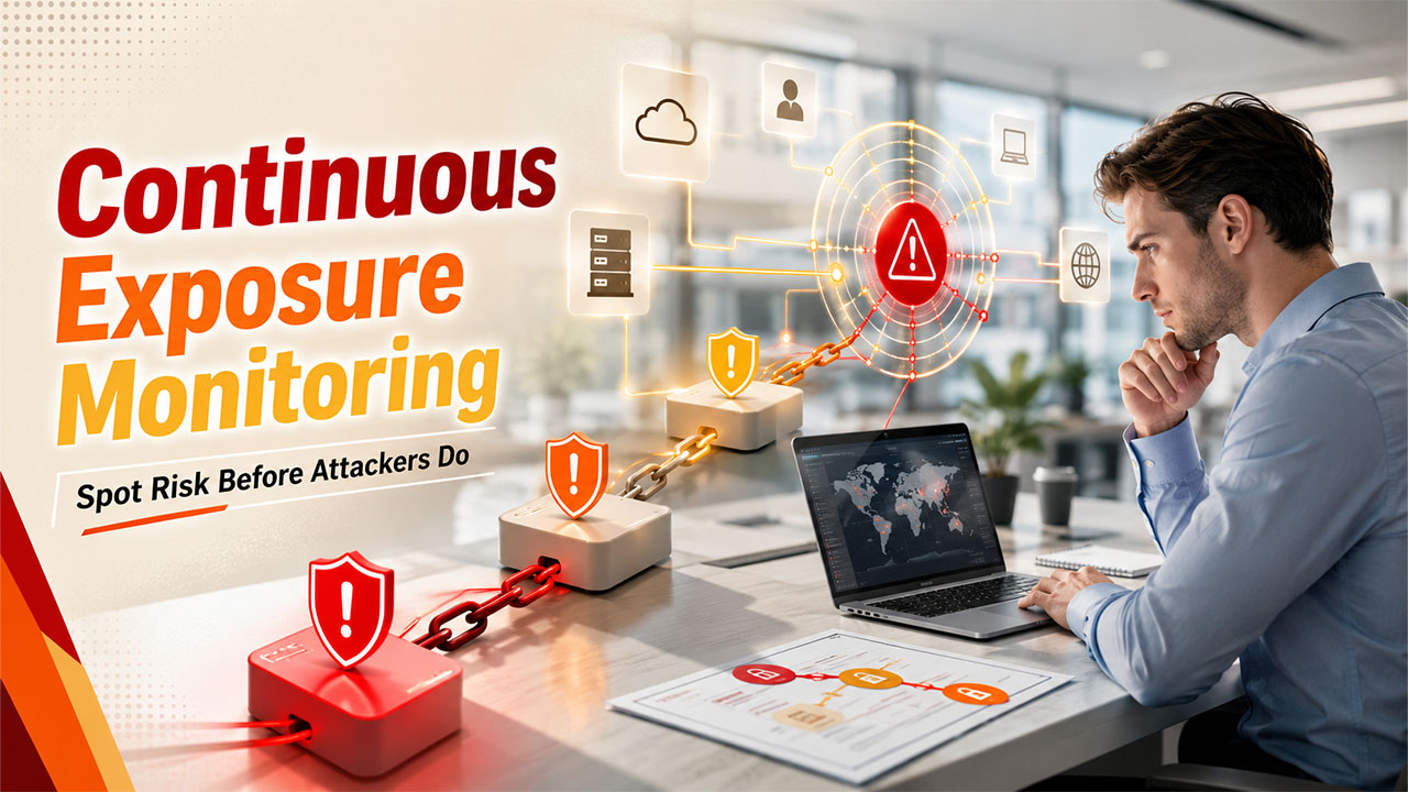Continuous exposure monitoring dashboard identifying and prioritizing cybersecurity risks in real time.
