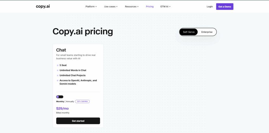 Copy.ai interface showing AI writing tools for creating marketing copy, product descriptions, emails, and social media content.