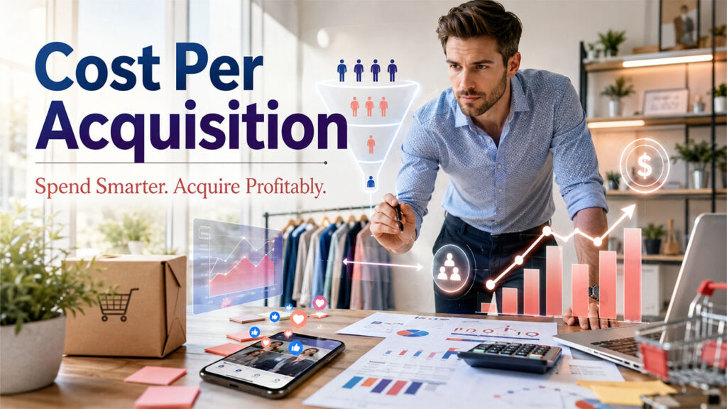 Digital advertising dashboard showing Cost Per Acquisition (CPA) metric to measure customer acquisition costs and campaign efficiency.
