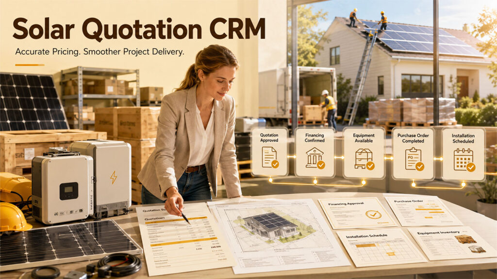 CRM for Solar Installers managing quotations, financing, procurement, and installation scheduling through an automated project workflow.