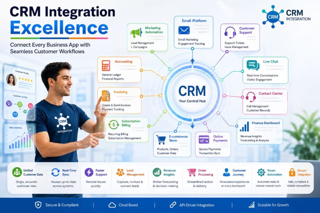 Infographic showing CRM integration connecting marketing automation, email, customer support, accounting, invoicing, finance, e-commerce, and payment applications through a central CRM hub.