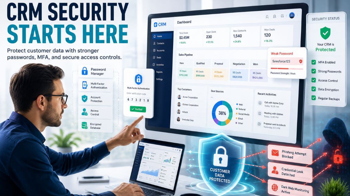 CRM security dashboard showing password protection, multi-factor authentication (MFA), customer data security, and cyber threat prevention.