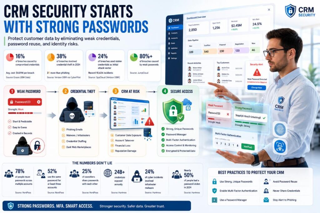 CRM security infographic showing how weak passwords, credential theft, and password reuse increase cyber risks, with best practices including MFA, password managers, and strong passwords.