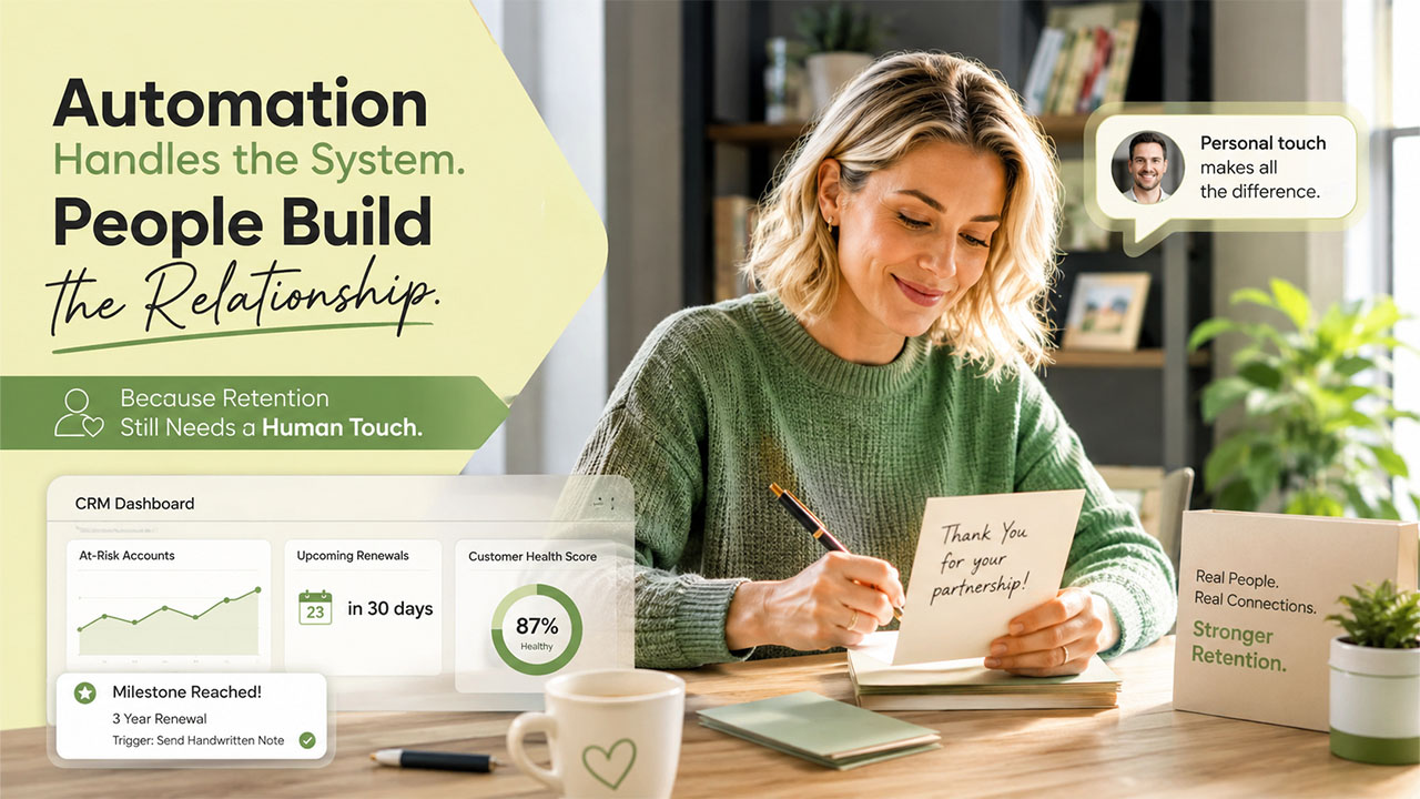Customer retention through CRM automation and personalized human interaction to build long-term customer loyalty.