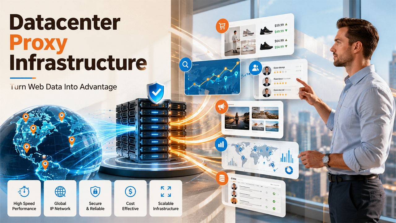 Datacenter proxy routing internet traffic securely for business web scraping, SEO monitoring, and market research.