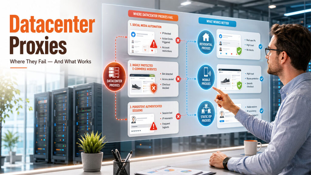 Datacenter proxy limitations showing where datacenter proxies are ineffective for social media automation and protected websites.