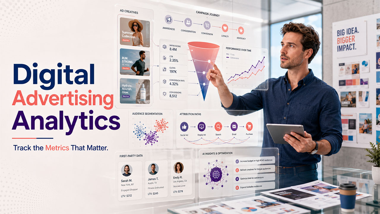 Digital advertising analytics dashboard showing campaign performance metrics including impressions, CTR, conversions, CPA, and ROAS.