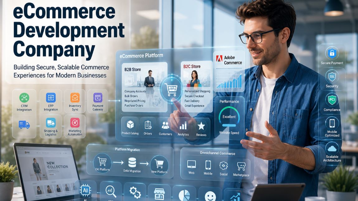 eCommerce Development Company building secure and scalable B2B and B2C online commerce solutions with Adobe Commerce, CRM integration, and platform migration.
