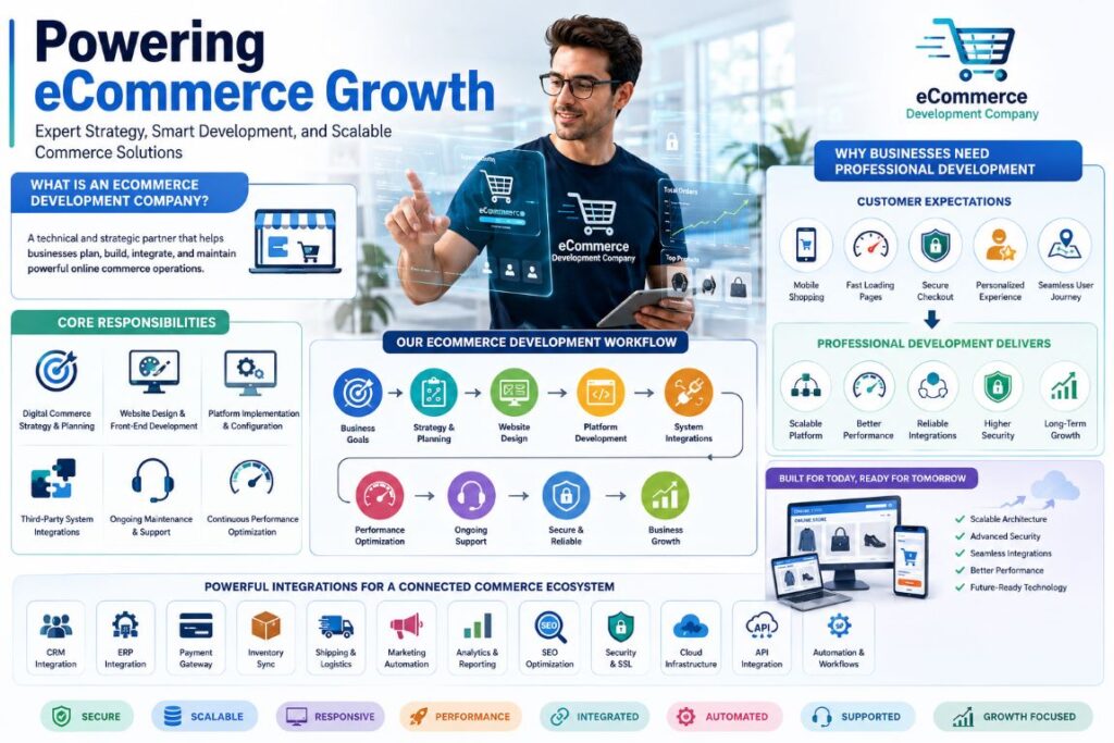 Infographic explaining how an eCommerce Development Company helps businesses with website development, platform integration, performance optimization, and scalable eCommerce solutions.