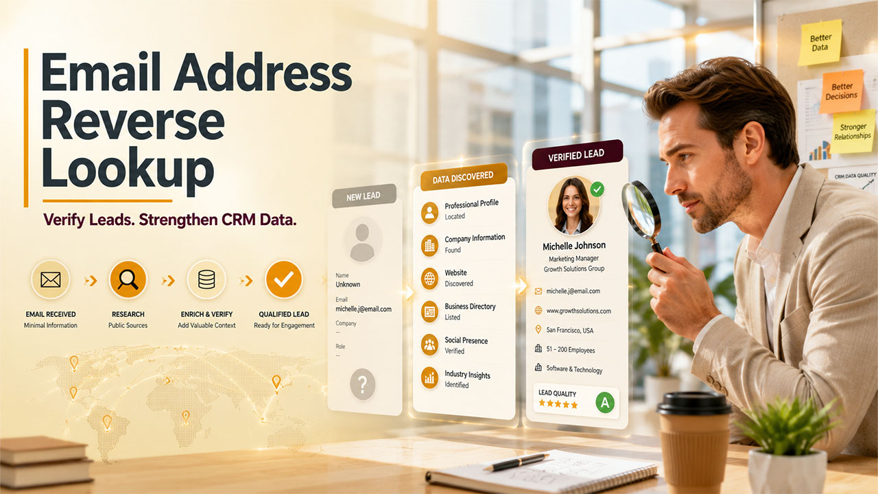 Email address reverse lookup helping businesses verify customer information and improve CRM data quality.