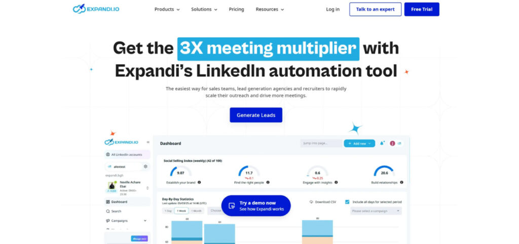 Expandi LinkedIn prospecting tool for automating personalized outreach campaigns and lead generation.
