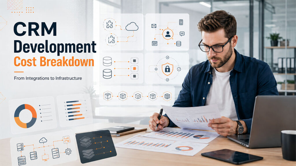 Factors that affect enterprise CRM development cost, including integrations, security, scalability, data migration, and custom business logic.
