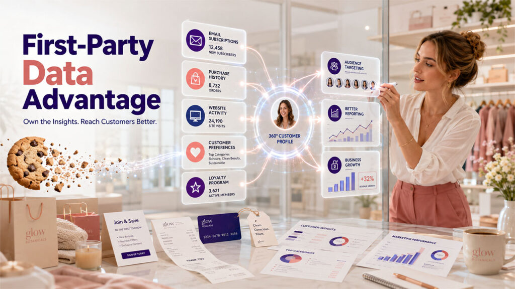 First-party data helping businesses improve digital advertising through CRM integration, customer insights, and audience targeting.