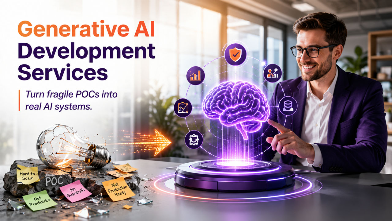 Generative AI development services illustrating production architecture patterns for scalable enterprise GenAI deployment.
