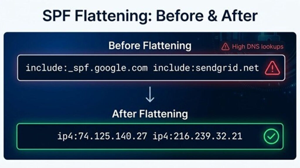 Diagram showing how SPF Flattening replaces include mechanisms with IP addresses to reduce DNS lookups and improve email authentication.
