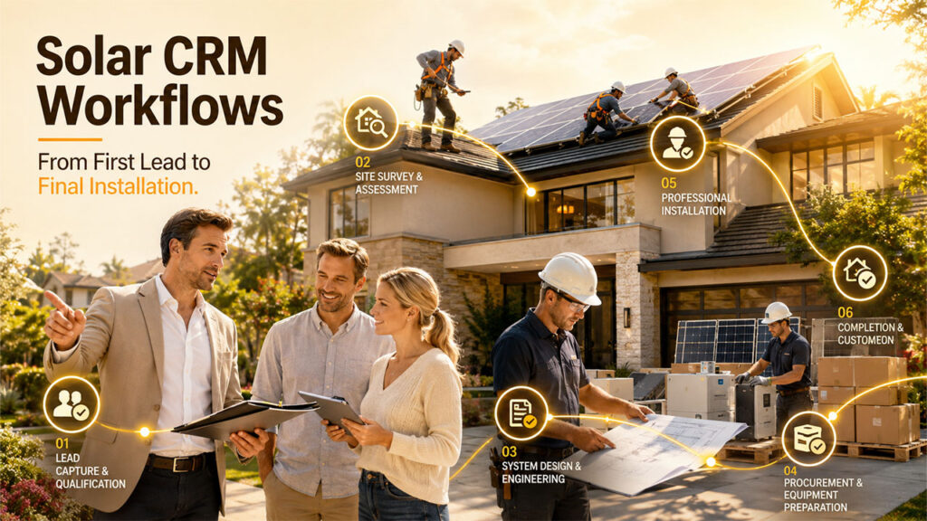 Importance of CRM for solar installers companies in managing projects, customer communication, scheduling, and workflow automation.