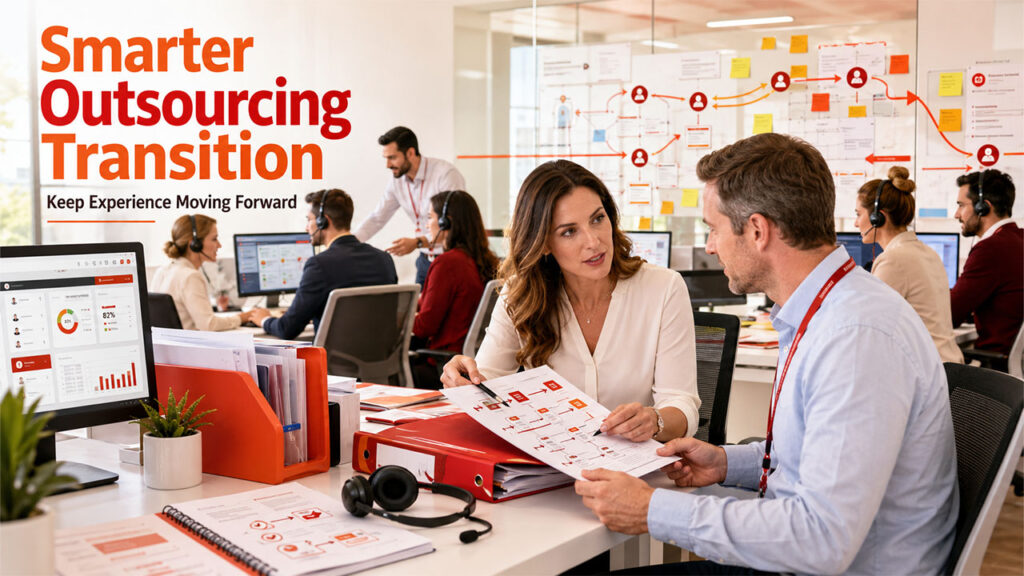Internal customer support team collaborating with an outsourced support team during the transition process to ensure smooth knowledge transfer.
