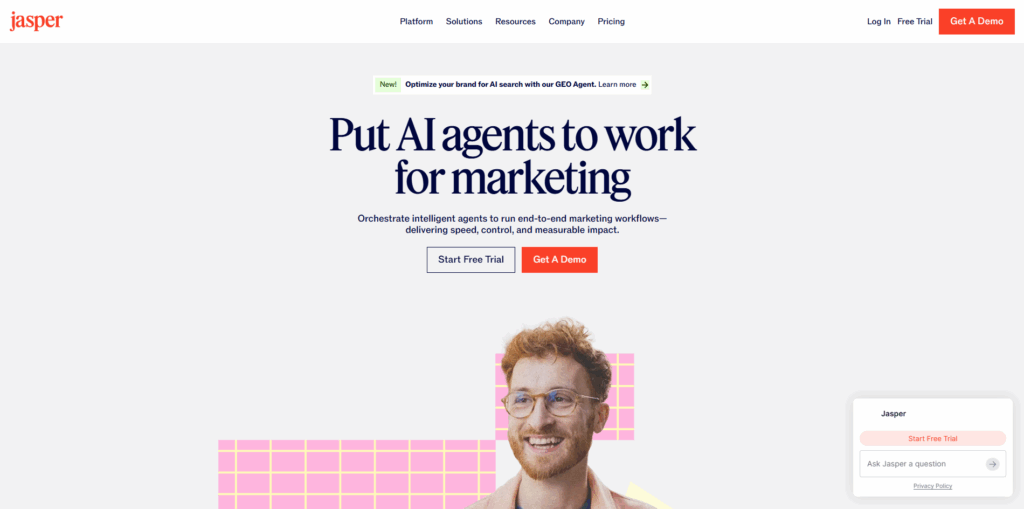 Jasper AI writing tool interface for creating marketing content, blog posts, and AI-generated copy.