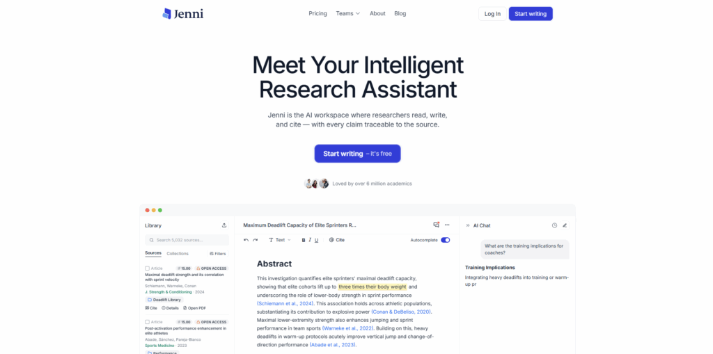 Jenni AI writing assistant helping users create academic content with AI writing tools, citation support, and research features.