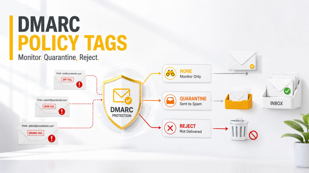 Key DMARC tags and policy options configured using a DMARC Record Generator for secure email authentication
