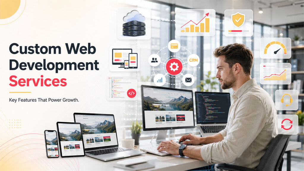 Key features of high-quality Custom Web Development services including responsive design, API integrations, SEO-friendly architecture, cloud scalability, and ongoing maintenance.