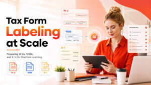 Illustration of labeling tax forms including W-2, 1099, and K-1 documents for machine learning with structured data annotation and AI workflows.