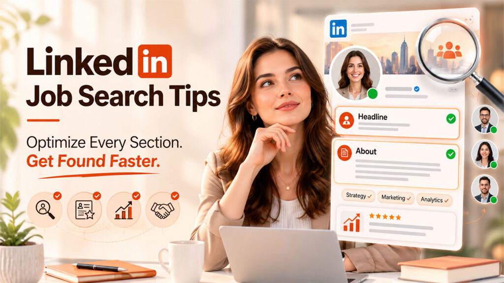 LinkedIn job search tips showing the profile sections that improve visibility, including the headline, about section, experience, and skills.