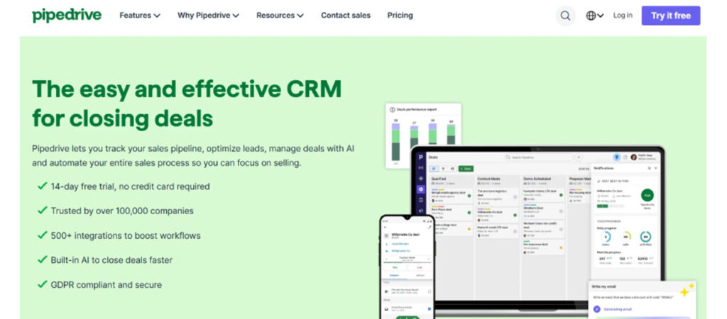 Pipedrive CRM integrated with LinkedIn prospecting tools for managing leads and sales pipelines.