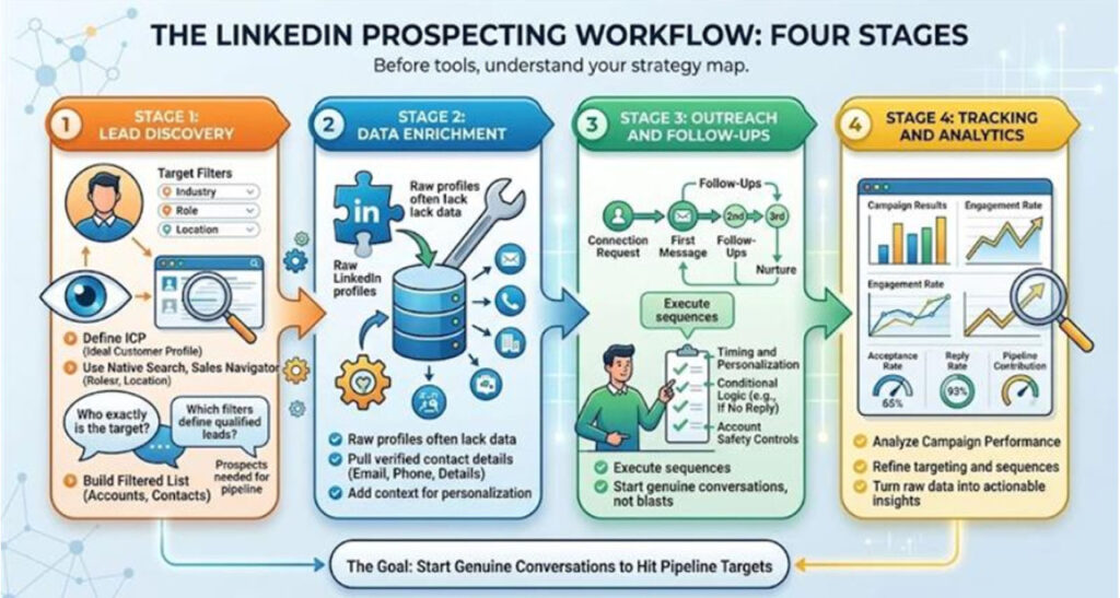 Four-stage LinkedIn prospecting workflow showing lead discovery, data enrichment, outreach automation, and performance tracking.