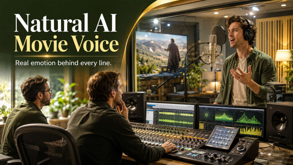 Natural AI-generated voice technology delivering authentic speech with realistic emotion, breathing, and conversational rhythm for filmmaking