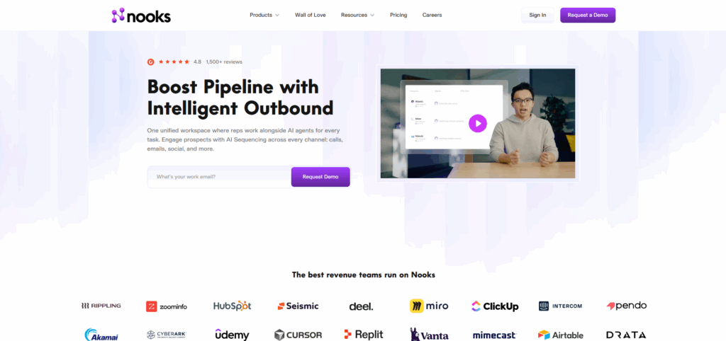 Nooks sales dialer platform for remote SDR teams with virtual sales floor, AI coaching, and parallel dialing features.