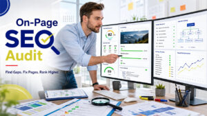 On-Page SEO Audit Checklist showing title tags, meta descriptions, Core Web Vitals, content optimization, internal linking, and technical SEO review for higher Google rankings.