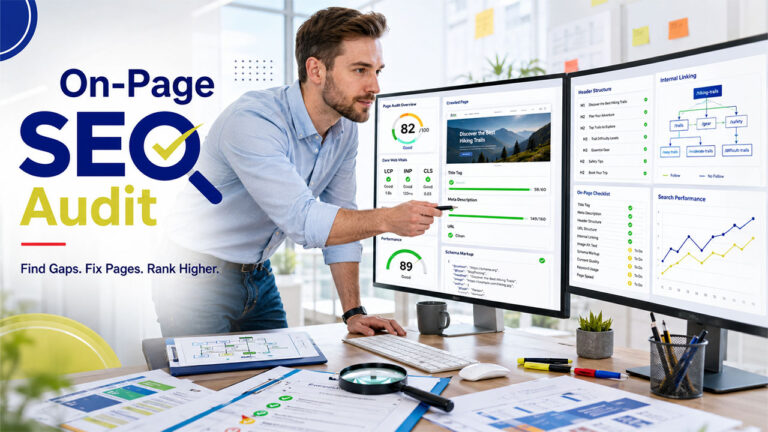 On-Page SEO Audit Checklist showing title tags, meta descriptions, Core Web Vitals, content optimization, internal linking, and technical SEO review for higher Google rankings.