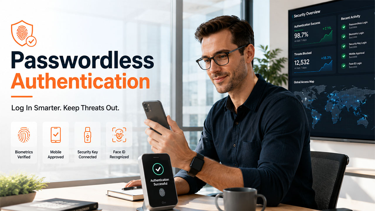 Employee using passwordless authentication with fingerprint verification and secure business login access