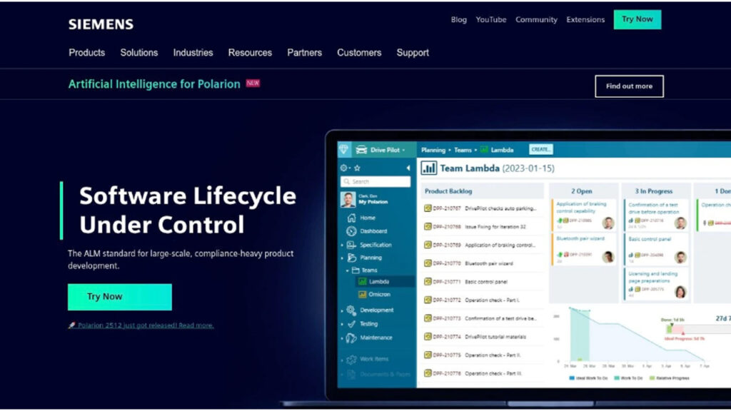 Polarion by Siemens AI-Powered Requirements Management Software for product lifecycle management and requirements traceability.