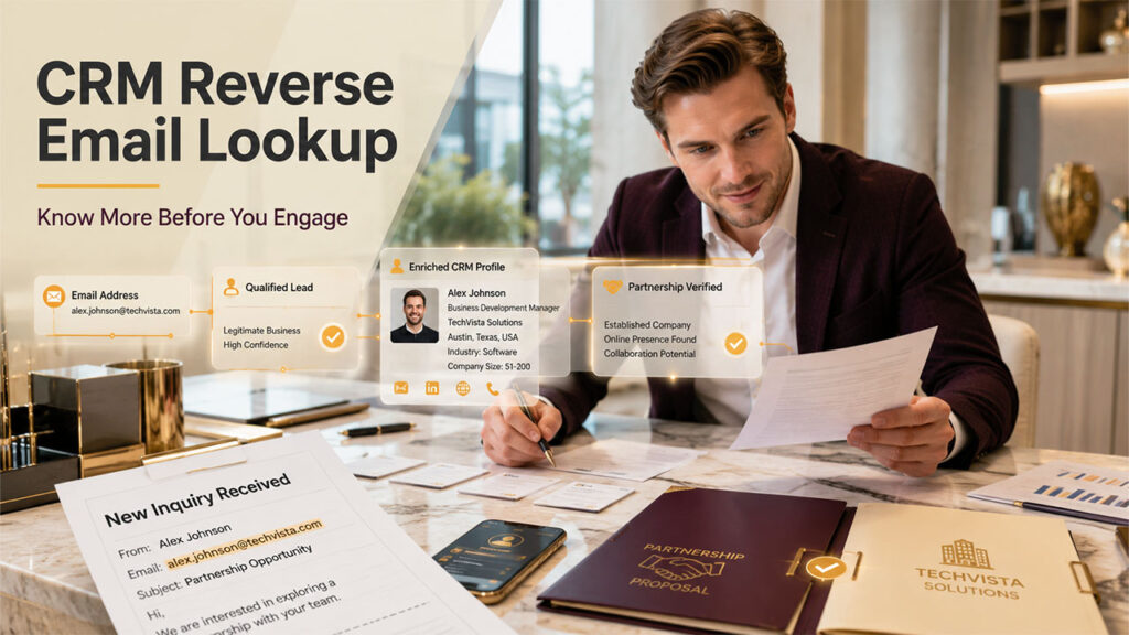 Practical CRM use cases for email address reverse lookup including lead qualification, contact enrichment, and customer verification.