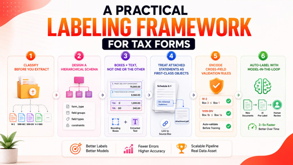 Practical labeling framework for tax forms showing W-2, 1099, and K-1 annotation workflow for machine learning with hierarchical schemas and validation.